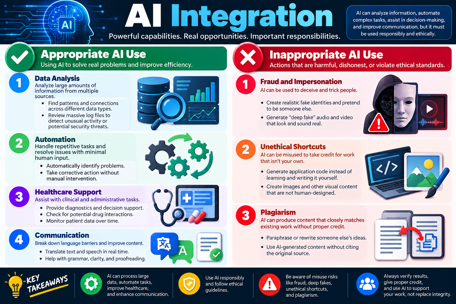 AI Integration infographic explaining appropriate AI use for data analysis, automation, healthcare support, and communication, plus inappropriate AI use such as fraud, impersonation, unethical shortcuts, and plagiarism.