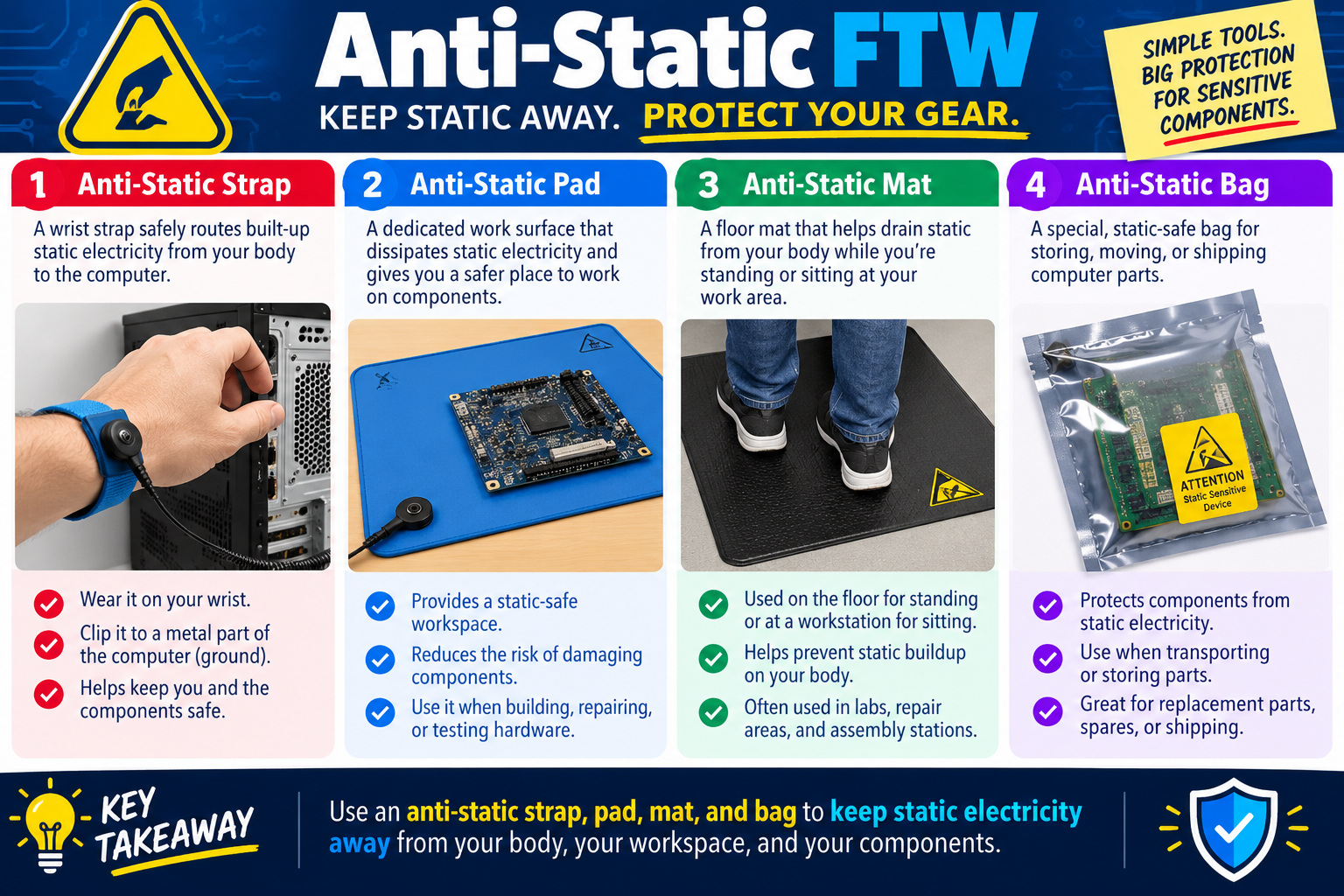 Anti-Static FTW infographic explaining anti-static wrist straps, pads, mats, and bags for protecting sensitive computer components from static electricity.