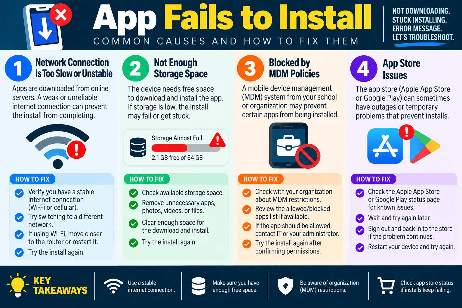 App fails to install infographic explaining common causes including unstable network connection, not enough storage space, MDM policy blocks, app store issues, and key takeaways for troubleshooting mobile app installation failures.