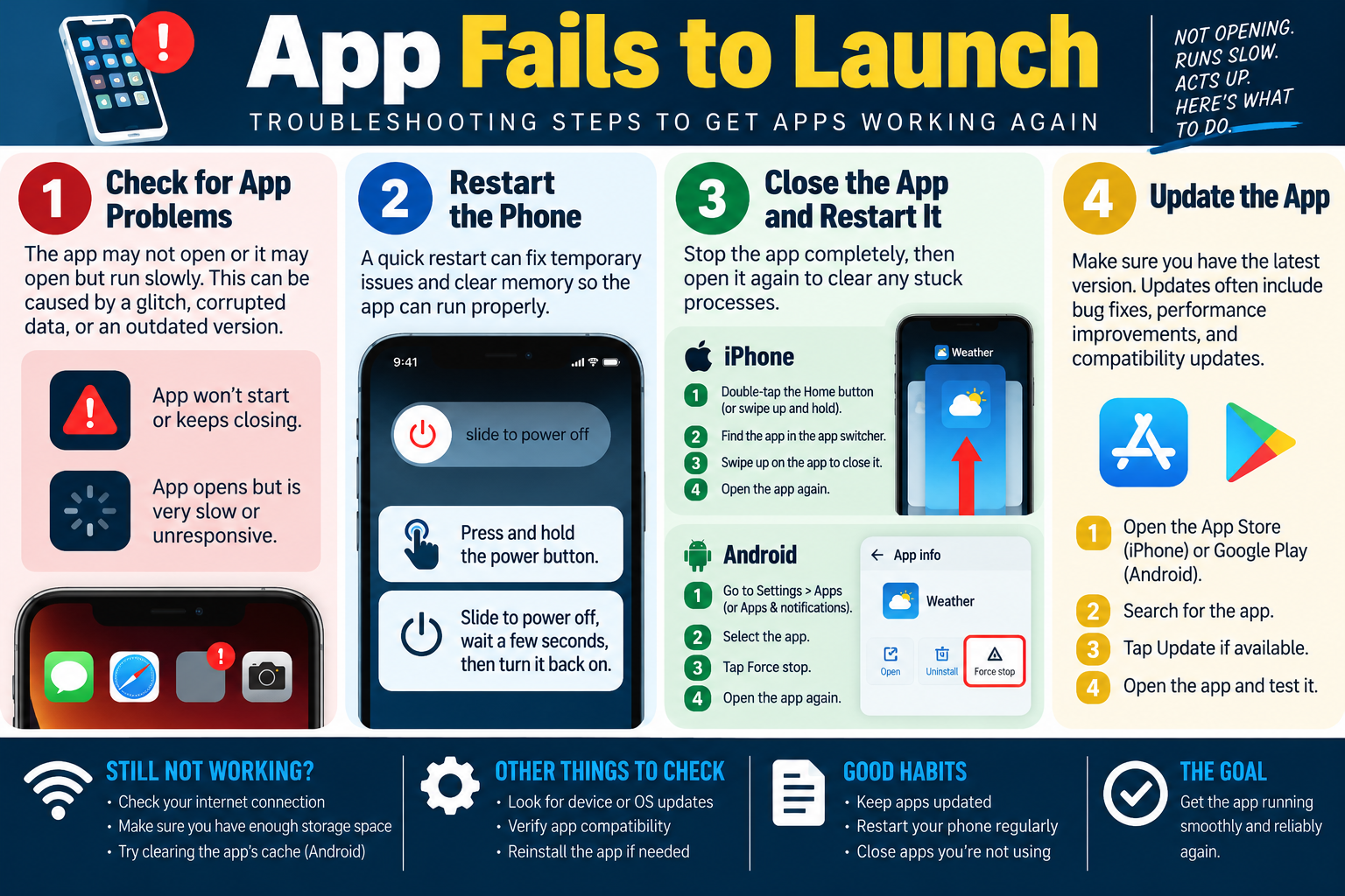 App fails to launch infographic explaining mobile app troubleshooting steps including checking symptoms, restarting the phone, force-closing the app, updating the app, checking connectivity and storage, and reinstalling when needed.