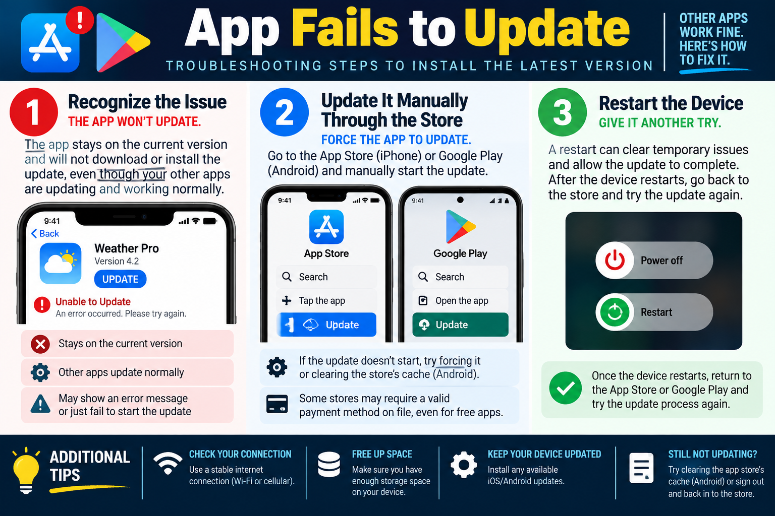 App fails to update infographic explaining manual App Store or Google Play updates, restarting the device, checking internet connection, freeing storage, installing device updates, clearing store cache, and signing back in.
