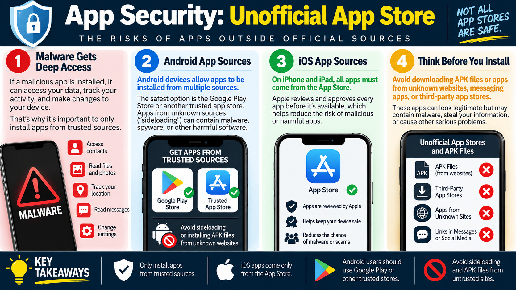 Infographic explaining the security risks of unofficial app stores, Android APK sideloading, iOS App Store controls, and trusted app installation practices.
