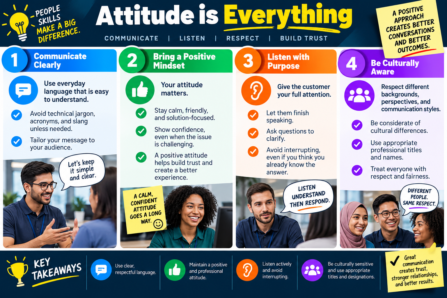 Attitude is Everything infographic explaining clear communication, positive mindset, purposeful listening, cultural awareness, and key takeaways for professional IT support.