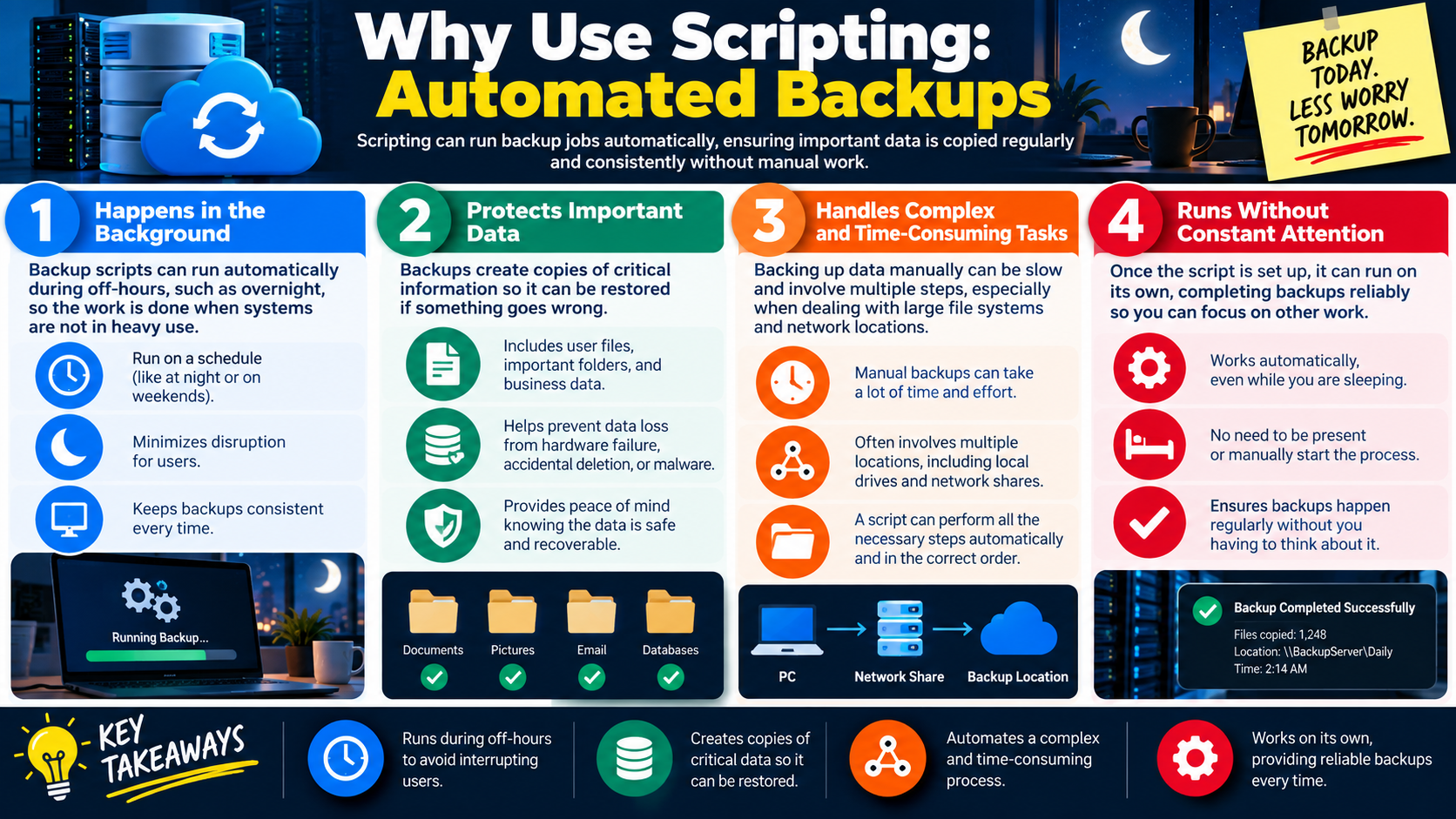 Why Use Scripting Automated Backups infographic explaining scheduled backup scripts, data protection, complex backup tasks, and unattended backup jobs.