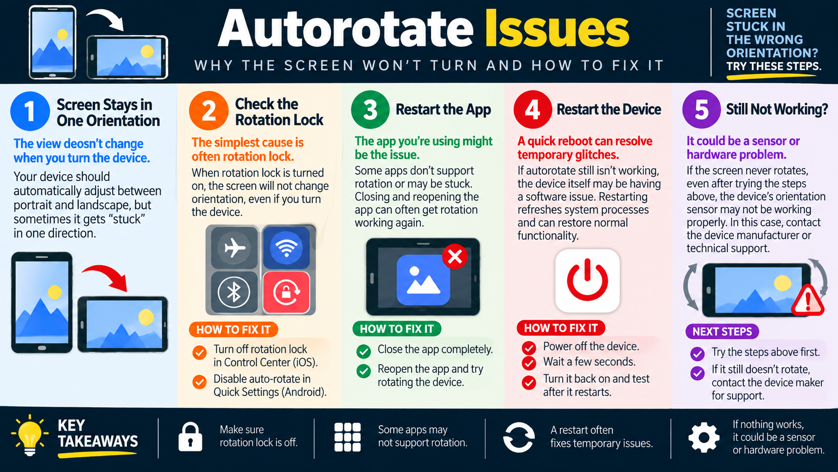 Autorotate issues infographic explaining screen orientation problems, rotation lock, restarting the app, restarting the device, and next steps for possible sensor or hardware issues.