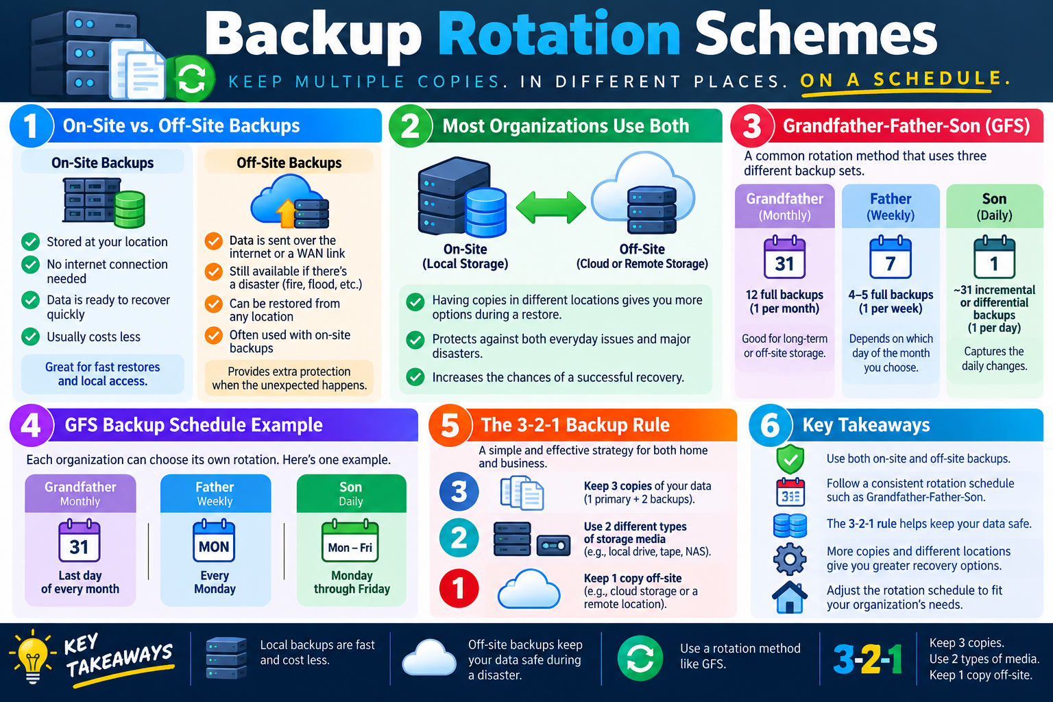 Backup Rotation Schemes infographic explaining on-site and off-site backups, Grandfather-Father-Son rotation, an example GFS schedule, the 3-2-1 backup rule, and key takeaways.