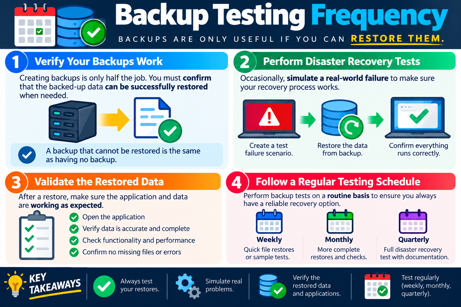Backup Testing Frequency infographic explaining how to verify backups, perform disaster recovery tests, validate restored data, and follow weekly, monthly, or quarterly testing schedules.