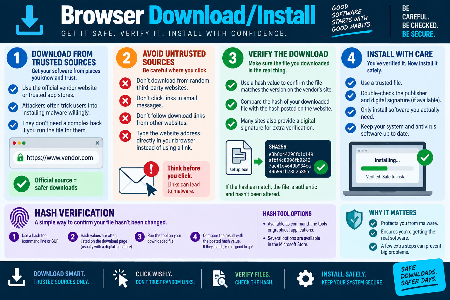 Browser download and install infographic explaining trusted sources, avoiding untrusted links, hash verification, digital signatures, and careful software installation.