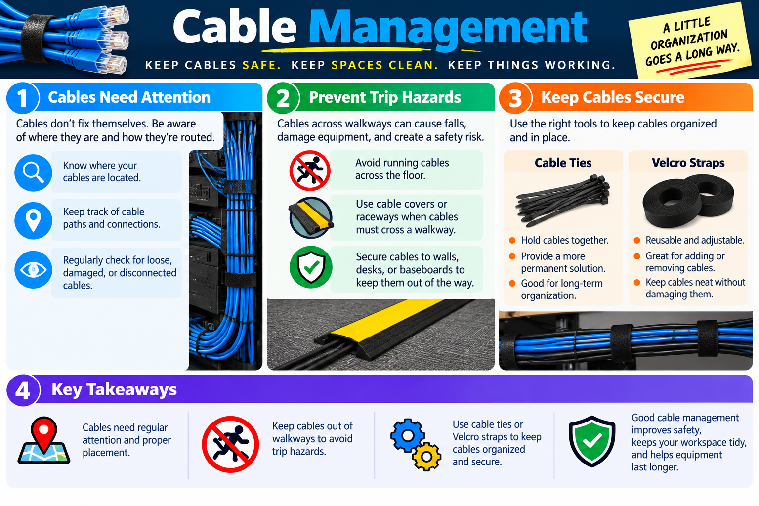 Cable Management infographic explaining cable attention, trip hazard prevention, secure cable organization with ties and Velcro straps, and key takeaways.