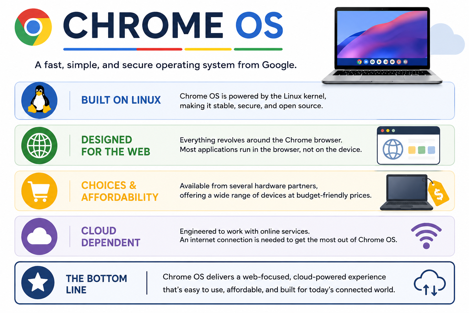 Infographic describing Chrome OS as a fast, simple, secure Google operating system built on Linux, designed for the web, available on affordable devices, and dependent on cloud and internet services.