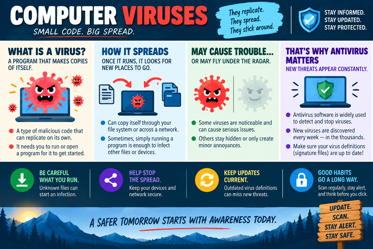 Computer Viruses infographic explaining what viruses are, how they replicate, how they spread, why antivirus matters, and habits that help prevent infection.