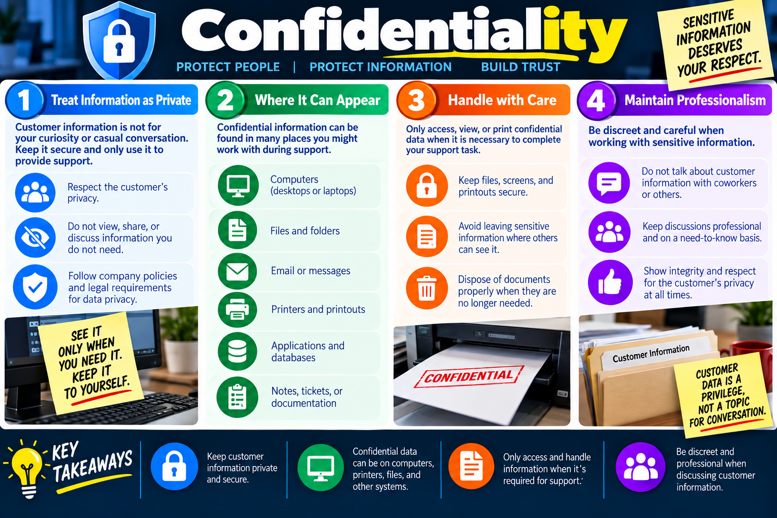 Confidentiality infographic explaining treating information as private, where confidential information can appear, handling sensitive information with care, and maintaining professionalism.