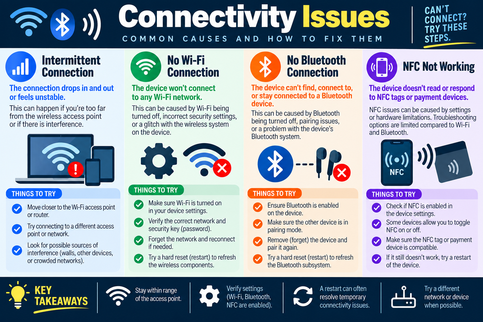 Connectivity issues infographic explaining intermittent connection, no Wi-Fi connection, no Bluetooth connection, NFC not working, and key troubleshooting steps for mobile connectivity.