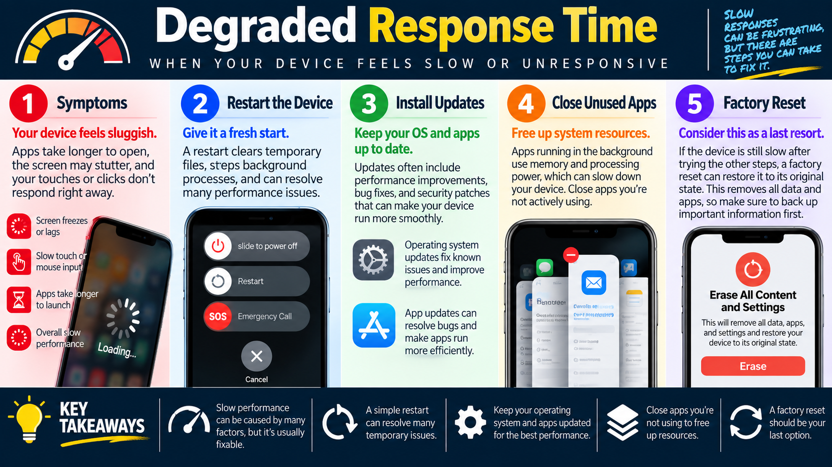 Infographic explaining degraded response time symptoms, restarting, updates, closing unused apps, and factory reset as a last resort.