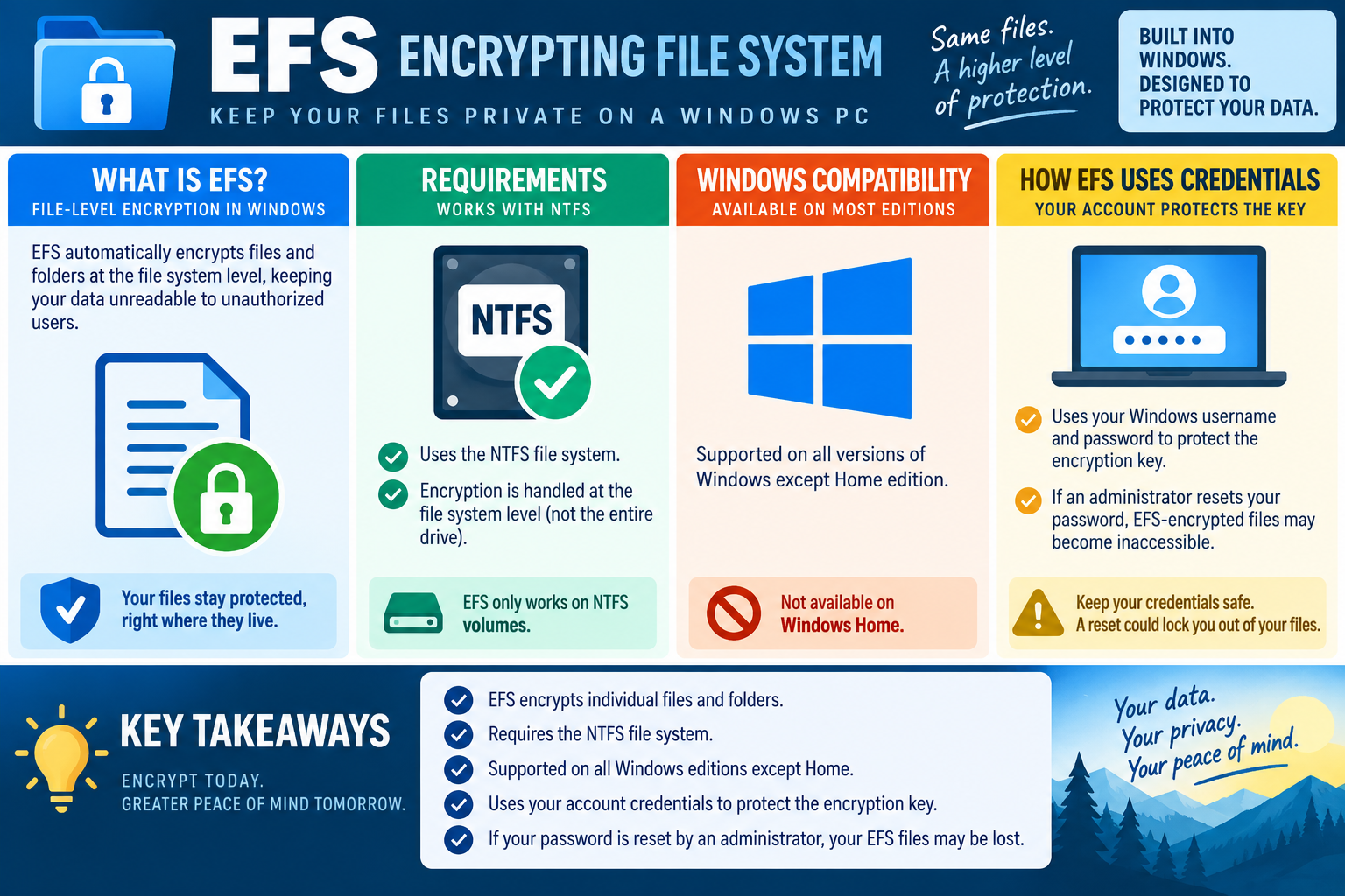 Infographic explaining EFS Encrypting File System, file-level encryption, NTFS requirements, Windows edition compatibility, credential-protected keys, and password reset risks.