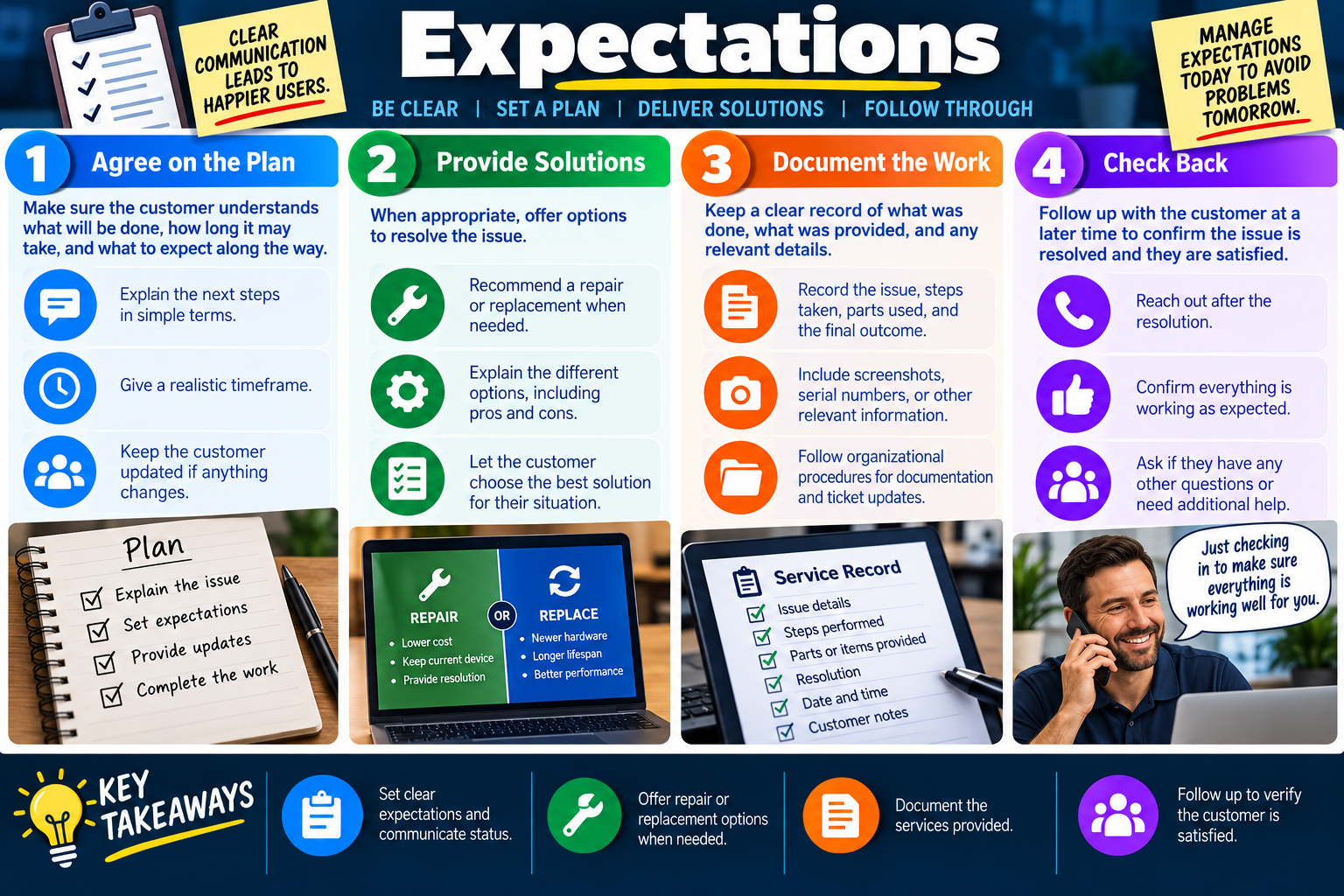 Expectations infographic explaining agreeing on the plan, providing repair or replacement solutions, documenting the work, checking back, and key takeaways.