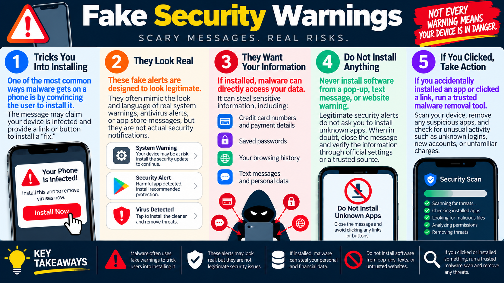 Infographic explaining fake mobile security warnings, how they mimic legitimate alerts, what information attackers want, and how to respond safely.