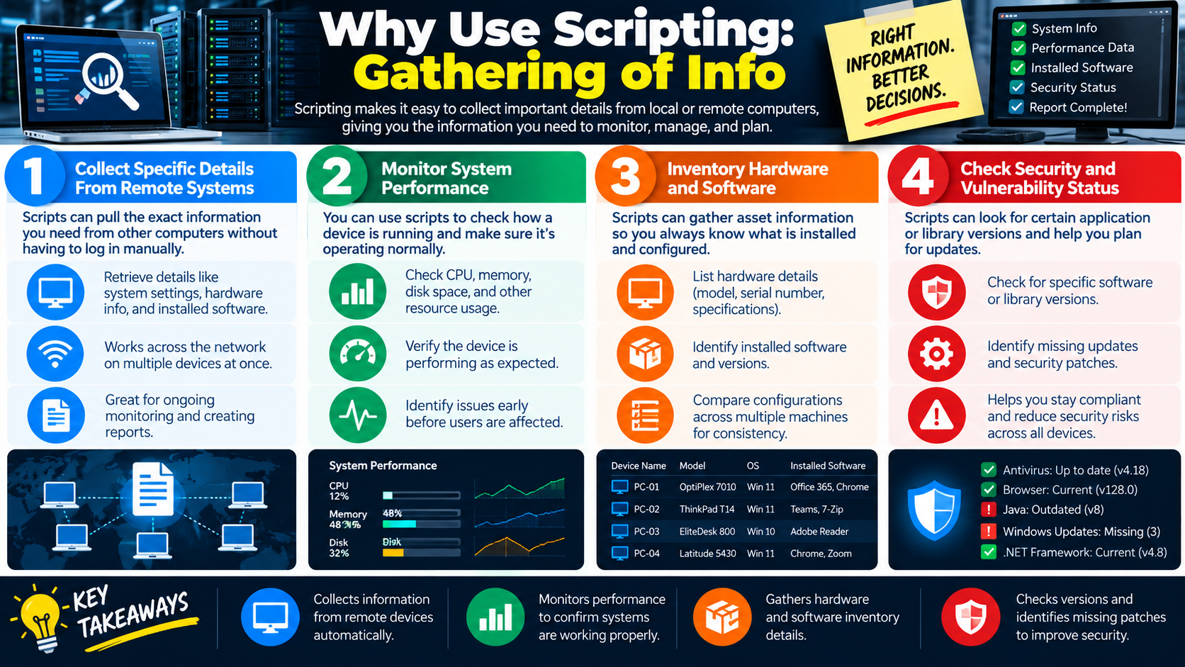 Why Use Scripting Gathering of Info infographic explaining remote information collection, performance monitoring, hardware and software inventory, and security or vulnerability checks.