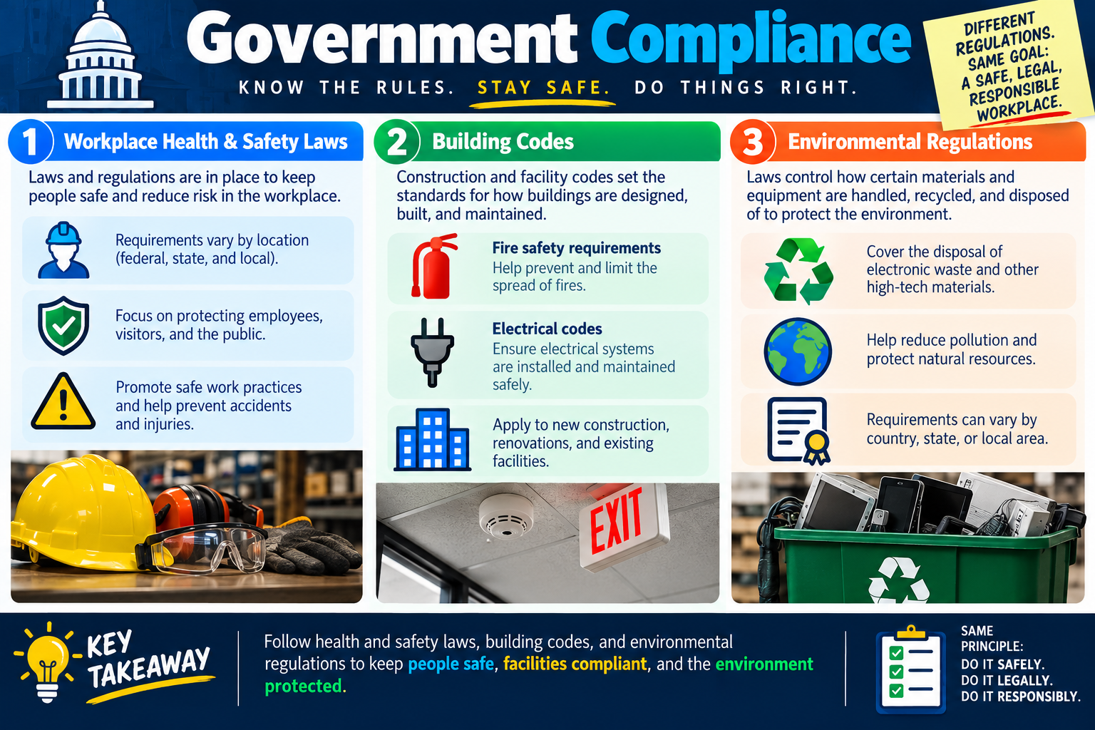 Government Compliance infographic explaining workplace health and safety laws, building codes, environmental regulations, and key takeaways about safe and responsible work practices.