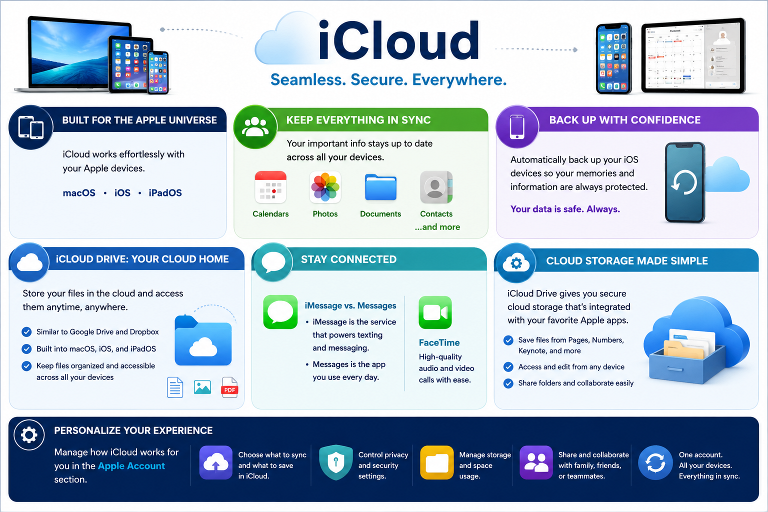 iCloud infographic covering Apple devices, syncing calendars photos documents contacts, iCloud Drive, iMessage, FaceTime, backups, and Apple Account settings
