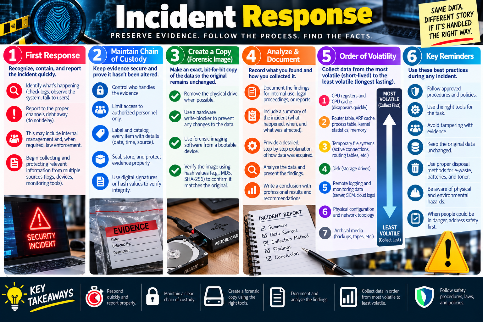 Incident Response infographic explaining first response, chain of custody, forensic imaging, documentation, order of volatility, and key reminders for technicians.
