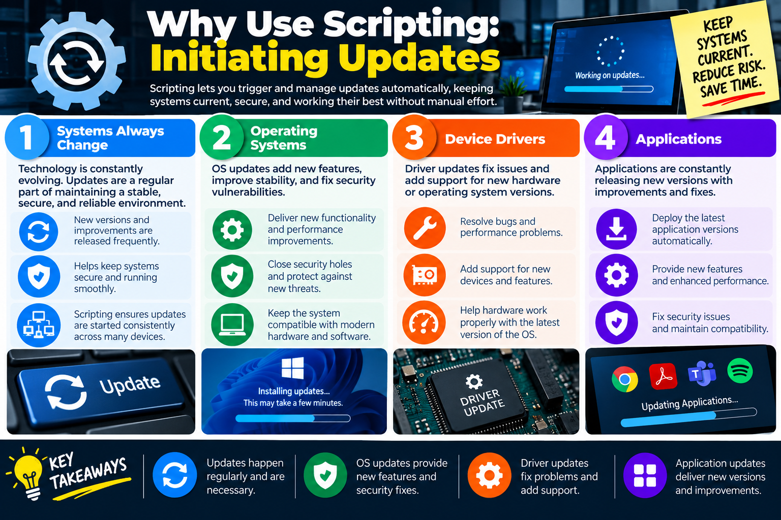 Why Use Scripting Initiating Updates infographic explaining operating system updates, device driver updates, application updates, and scripting for update automation.
