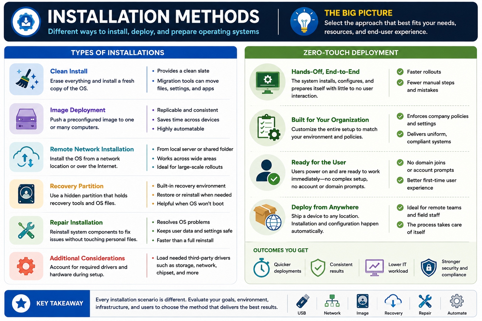 Infographic explaining operating system installation methods including clean install, image deployment, remote network installation, recovery partition, repair installation, driver considerations, and zero-touch deployment.
