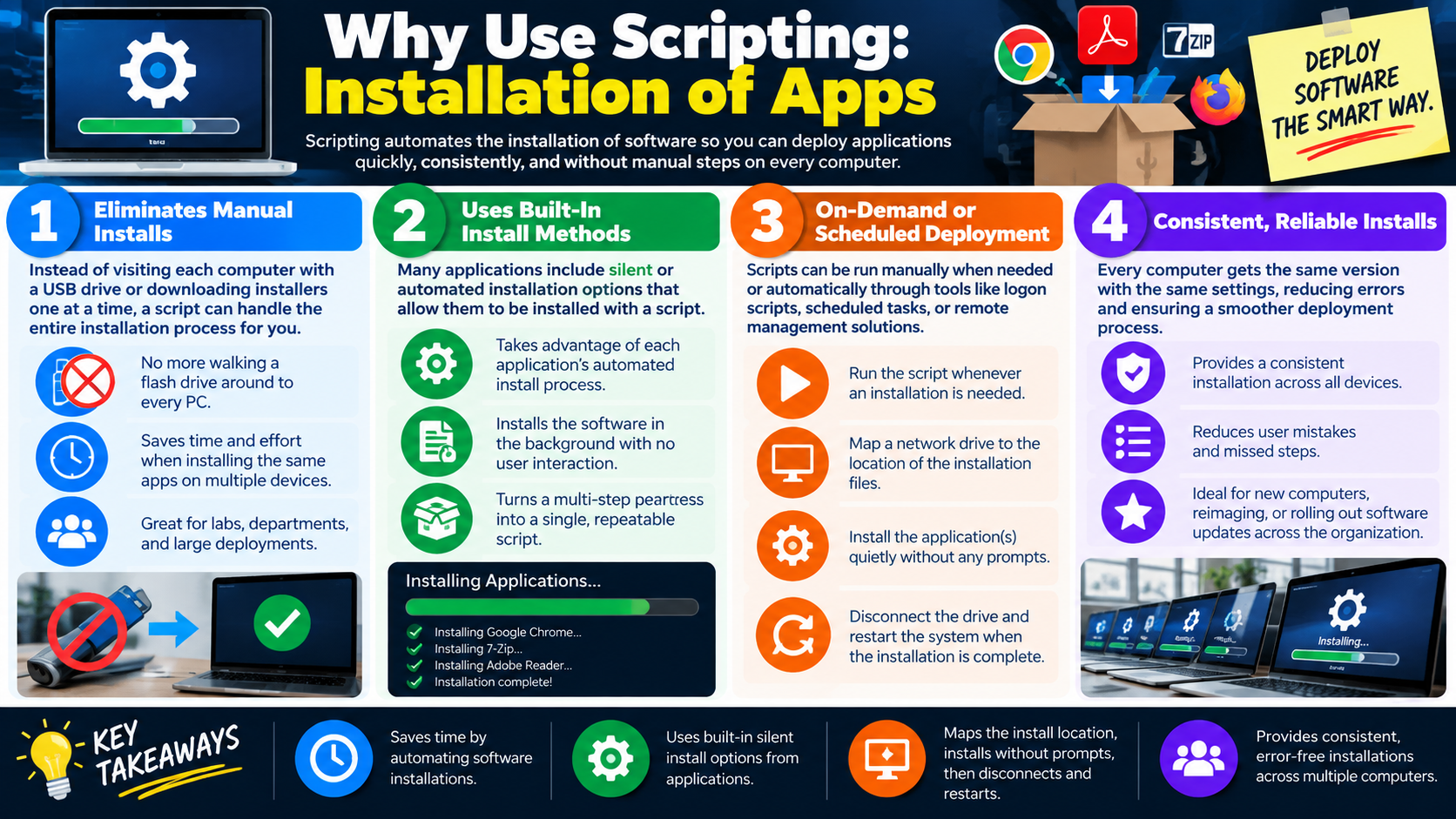Why Use Scripting Installation of Apps infographic explaining automated software installation, silent installs, scheduled deployment, network install locations, and consistent reliable installs.