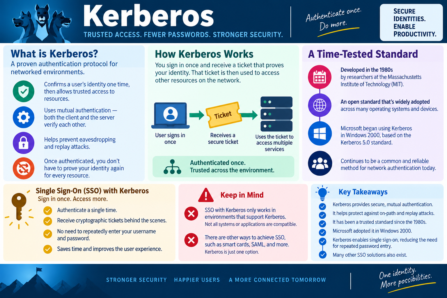 Infographic explaining Kerberos as a trusted network authentication protocol using secure tickets, mutual authentication, single sign-on, and time-tested Windows domain authentication concepts.