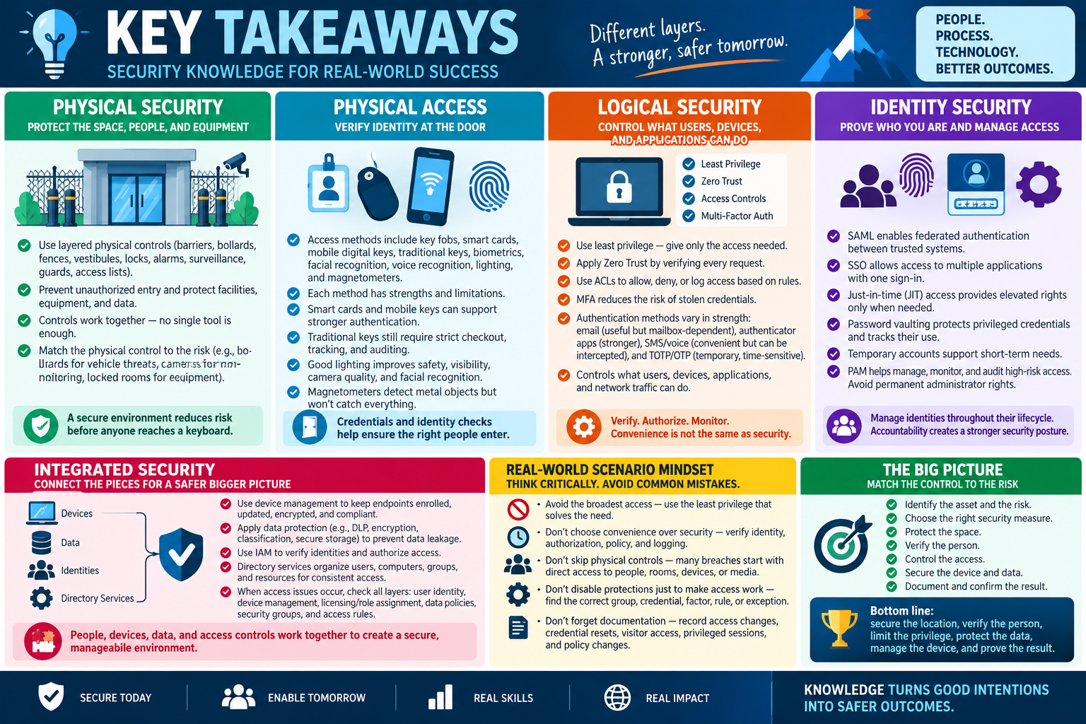 Key takeaways for Objective 2.1 covering physical security, physical access, logical security, identity security, integrated security, and real-world scenario mindset.