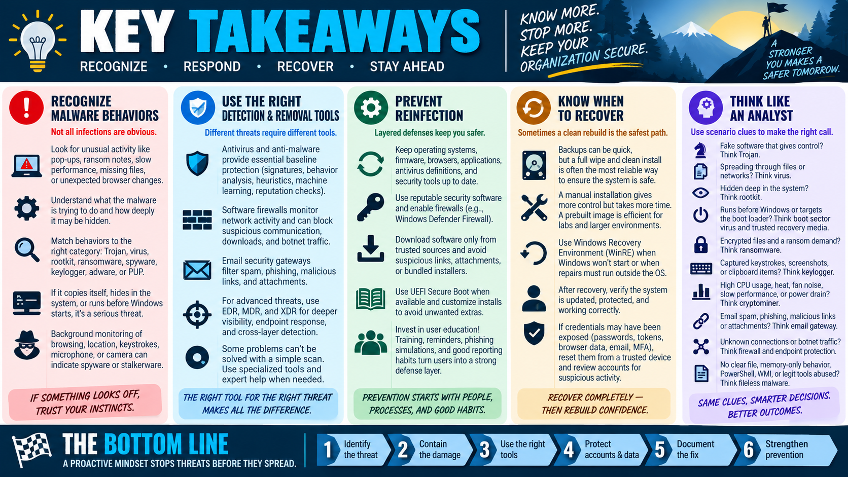 Key takeaways for Objective 2.4 covering malware behaviors, detection and removal tools, reinfection prevention, recovery decisions, analyst thinking, and the bottom line for identifying threats, containing damage, using the right tools, protecting accounts and data, documenting fixes, and strengthening prevention.