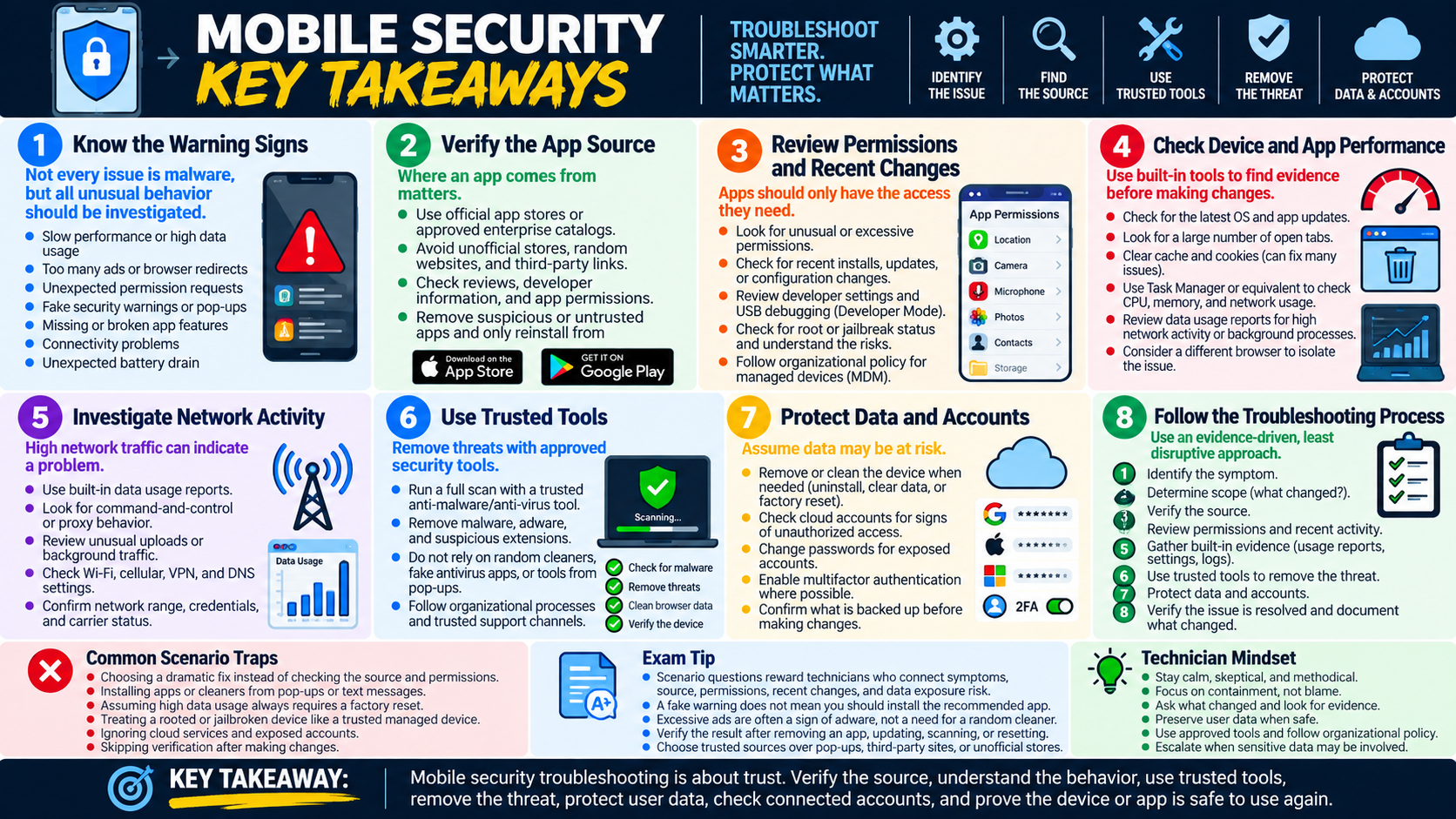 Mobile security key takeaways infographic covering warning signs, app source verification, permissions, device and app performance, network activity, trusted tools, data and account protection, troubleshooting process, exam traps, and technician mindset.