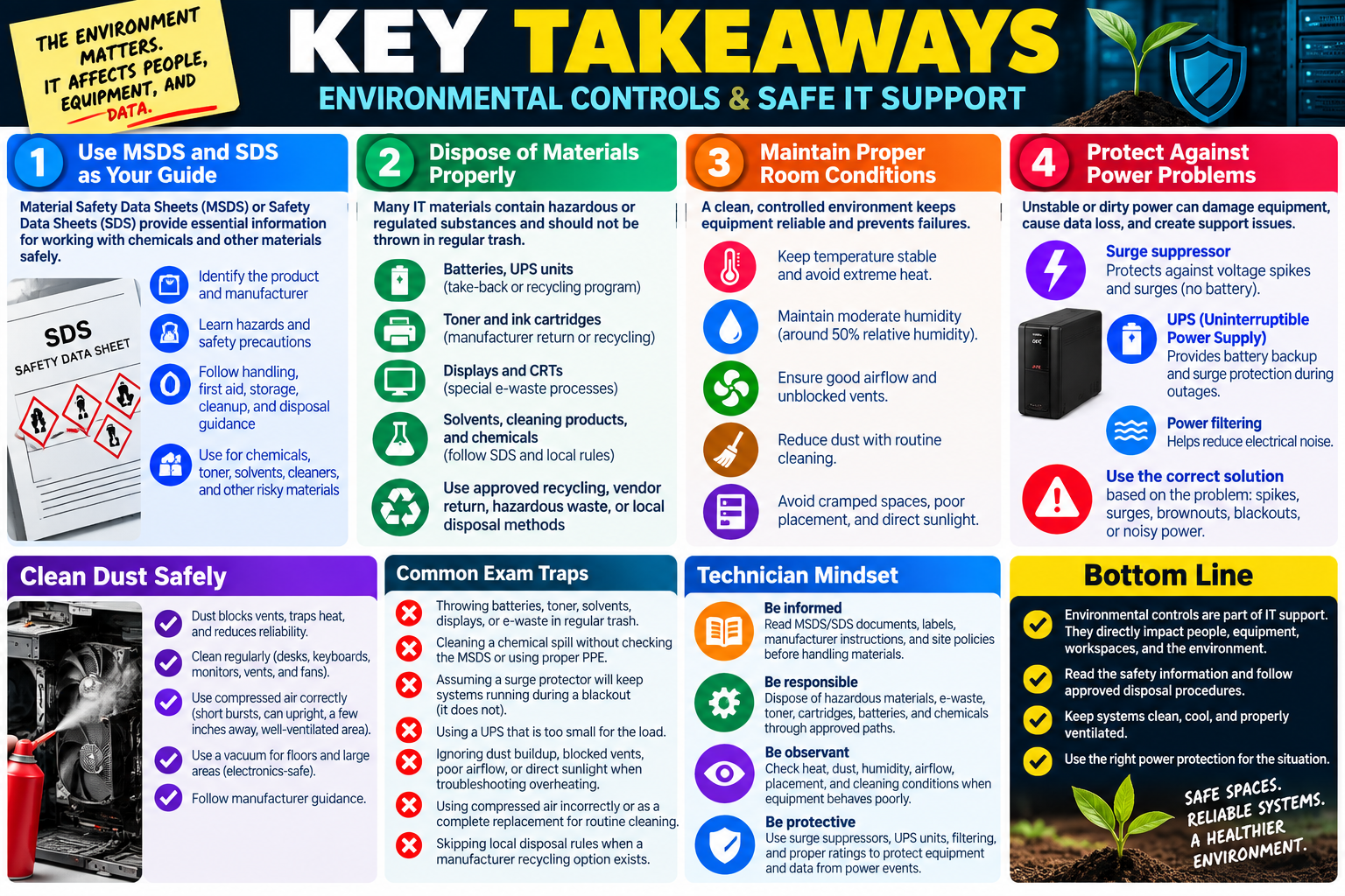 Key Takeaways infographic for Objective 4.5 summarizing MSDS and SDS, disposal procedures, proper room conditions, surge protection, dust cleanup, exam traps, technician mindset, and bottom line.