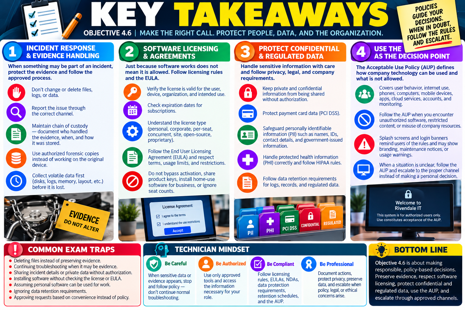 Key Takeaways infographic for Objective 4.6 summarizing incident response, evidence handling, software licensing, EULA rules, confidential and regulated data, AUP decisions, exam traps, technician mindset, and bottom line.