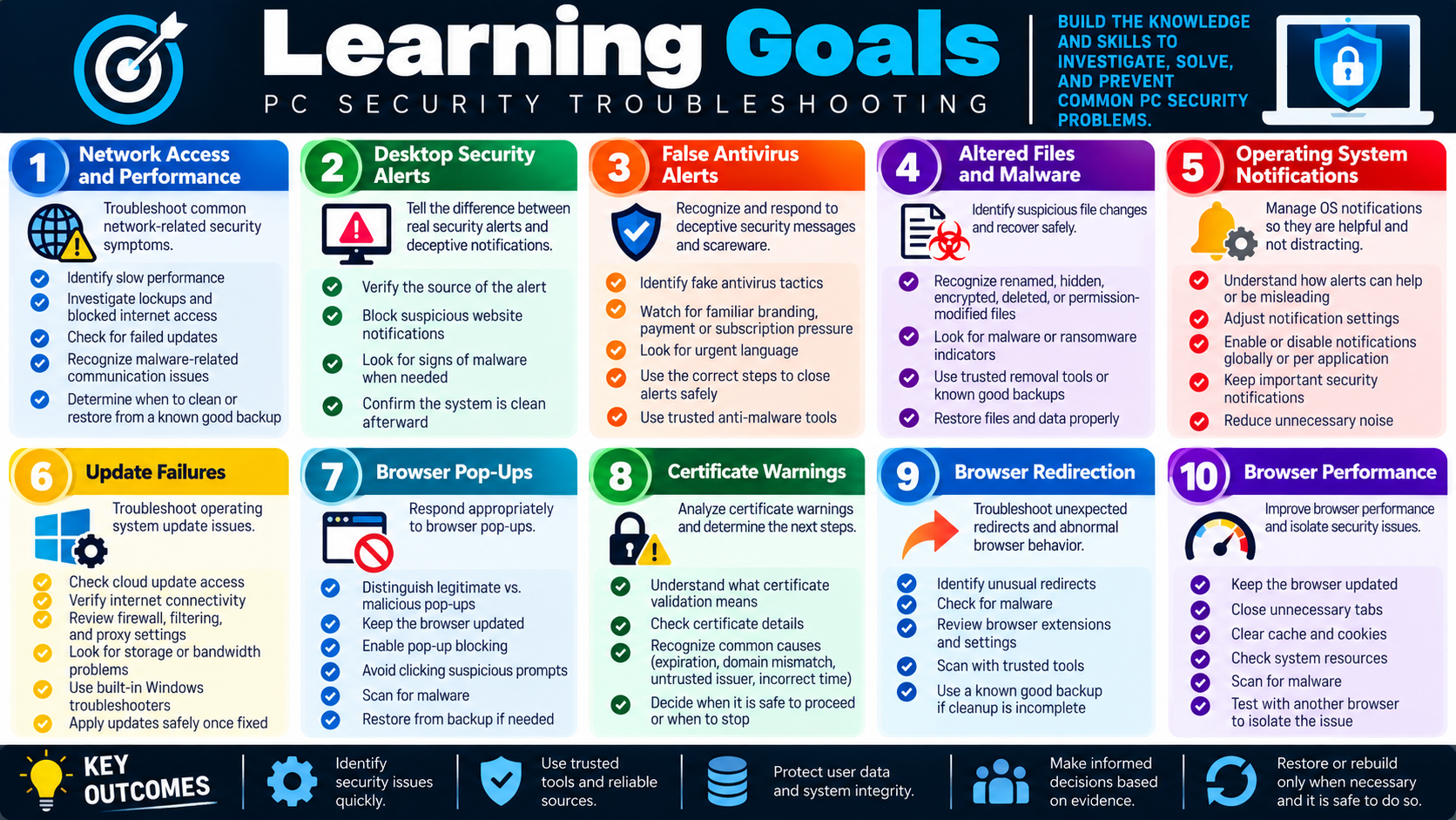 Learning Goals infographic for PC security troubleshooting, covering network access, desktop security alerts, false antivirus alerts, altered files, operating system notifications, update failures, browser pop-ups, certificate warnings, browser redirection, and browser performance.