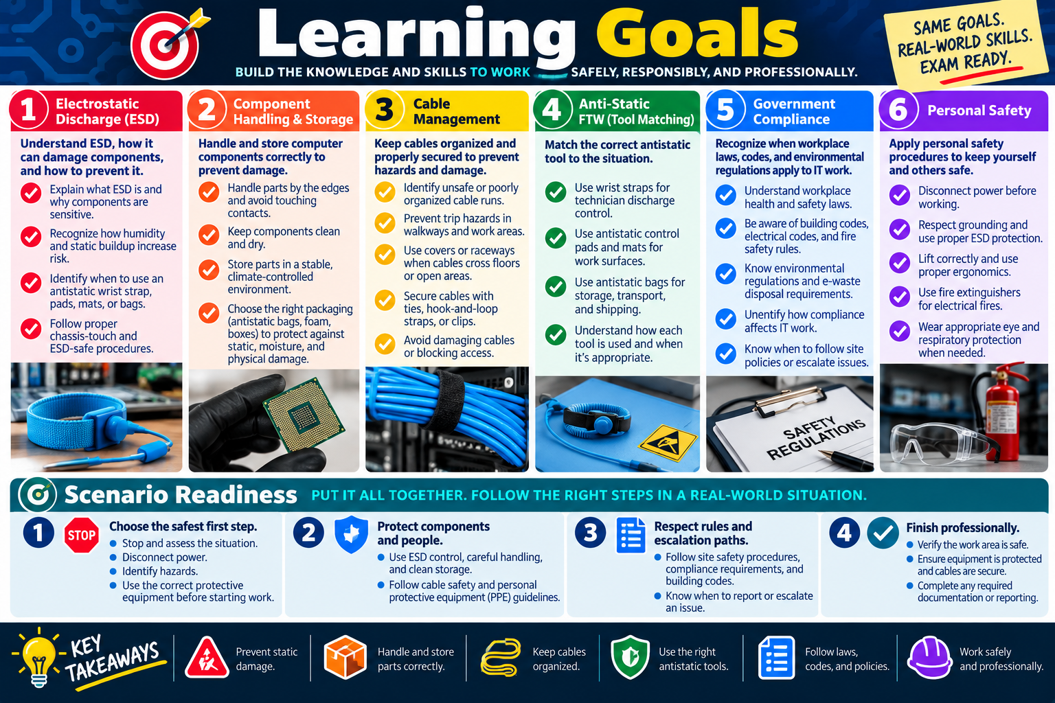 Learning Goals infographic for Objective 4.4 covering ESD, component handling and storage, cable management, antistatic tools, government compliance, personal safety, scenario readiness, and key takeaways.