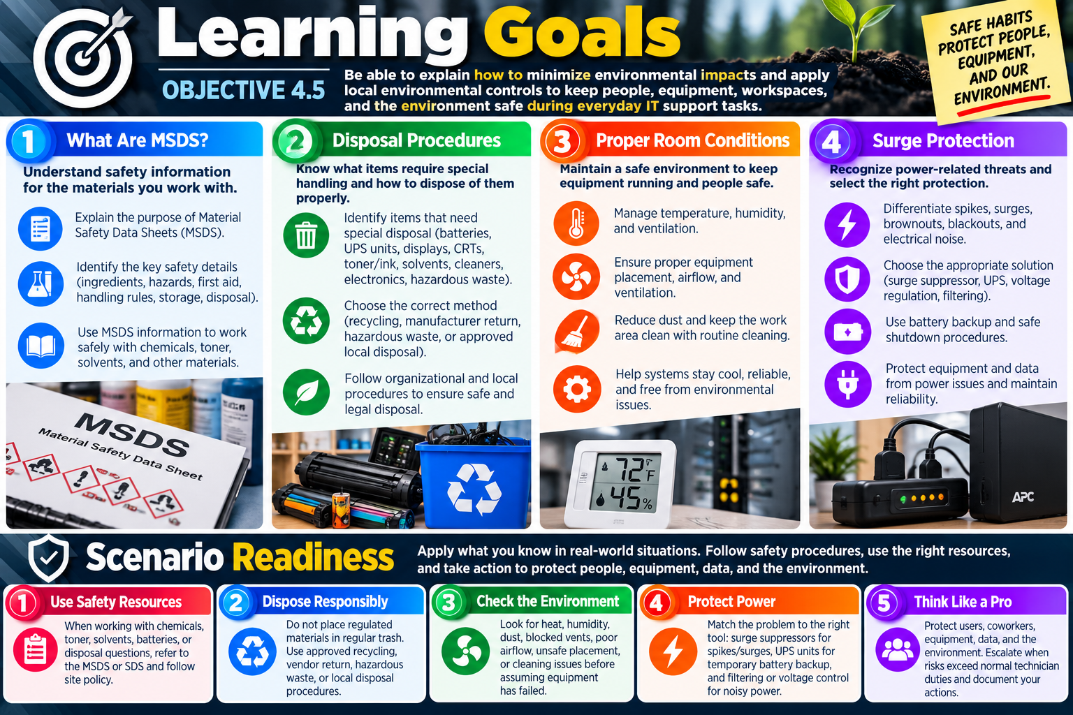 Learning Goals infographic for Objective 4.5 covering MSDS, disposal procedures, proper room conditions, surge protection, scenario readiness, and environmental support habits.