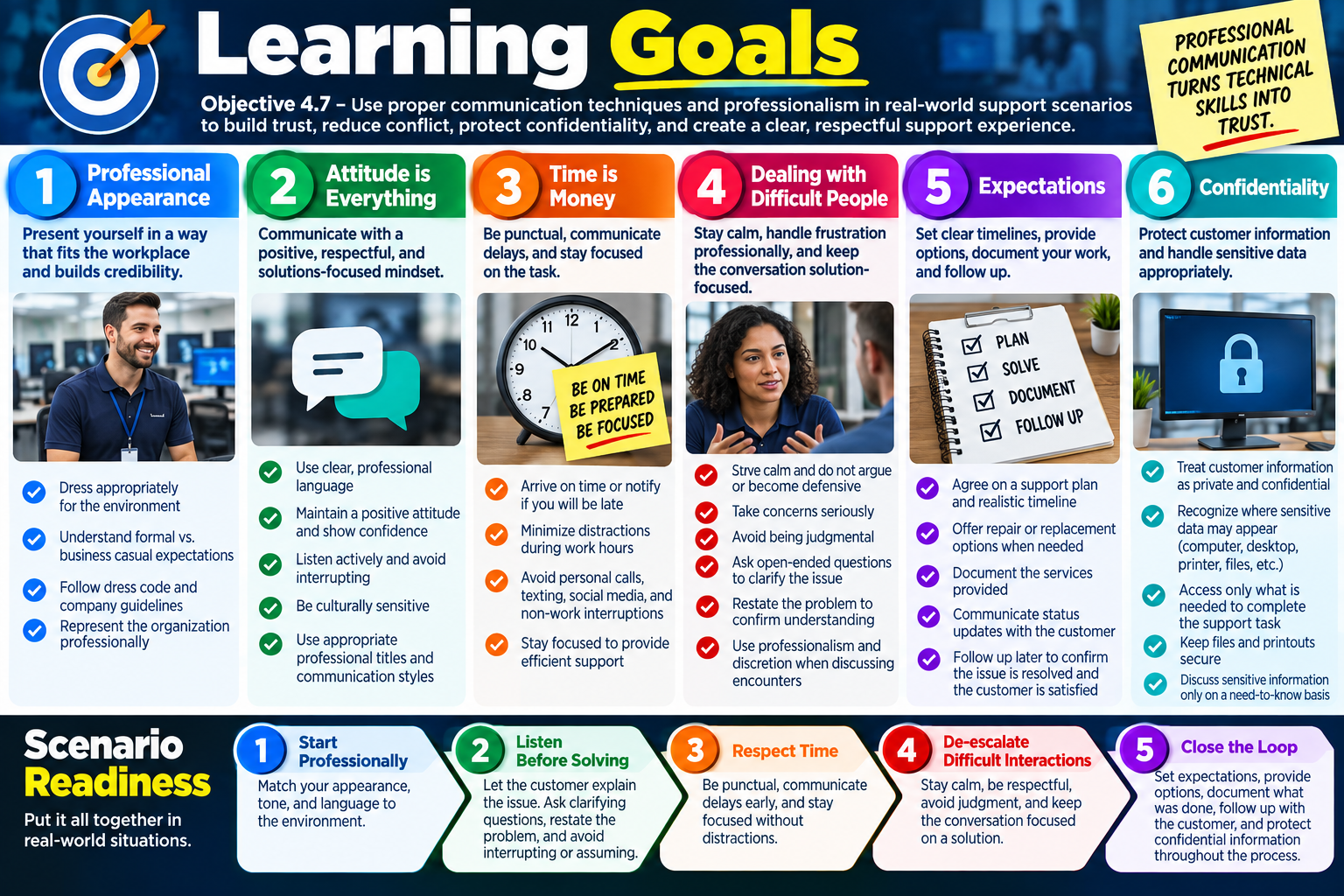 Learning Goals infographic for Objective 4.7 covering professional appearance, attitude, time management, difficult people, expectations, confidentiality, and scenario readiness.