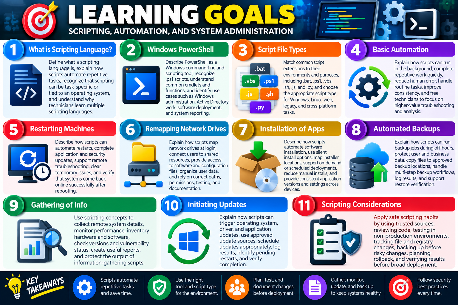 Learning Goals infographic for Objective 4.8 covering scripting language basics, PowerShell, script file types, automation, restarts, mapped drives, application installation, backups, information gathering, updates, and scripting considerations.