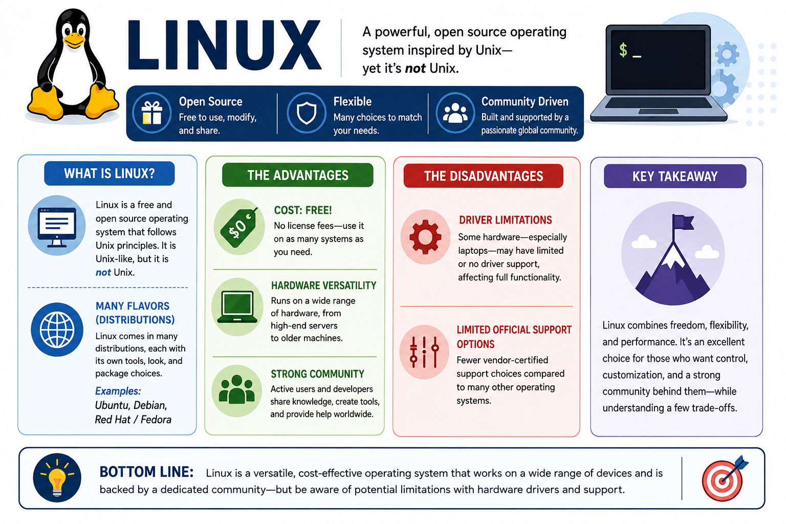 Infographic explaining Linux as an open-source Unix-like operating system with distributions such as Ubuntu, Debian, Red Hat, and Fedora, including advantages like low cost, hardware versatility, strong community support, and disadvantages like driver limitations and fewer official support options.