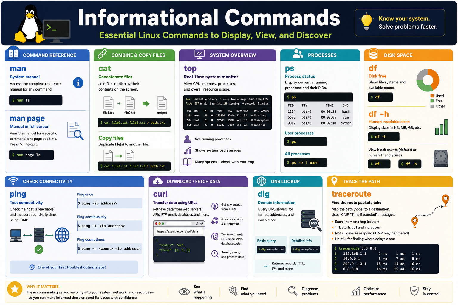 Linux informational commands infographic covering man, cat, top, ps, df, ping, curl, dig, traceroute, command reference, file viewing, process status, system monitoring, disk space, and troubleshooting evidence