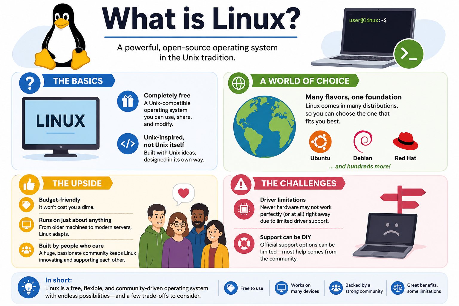 What is Linux infographic covering open source basics, distributions, advantages, challenges, and community support