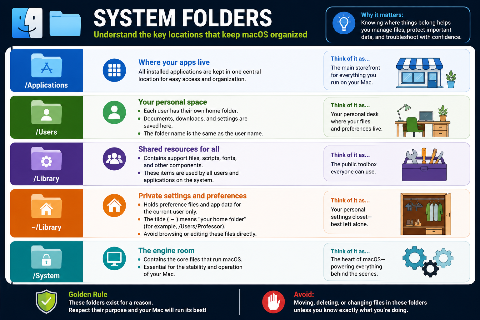 macOS system folders infographic covering Applications, Users, Library, user Library, and System folders