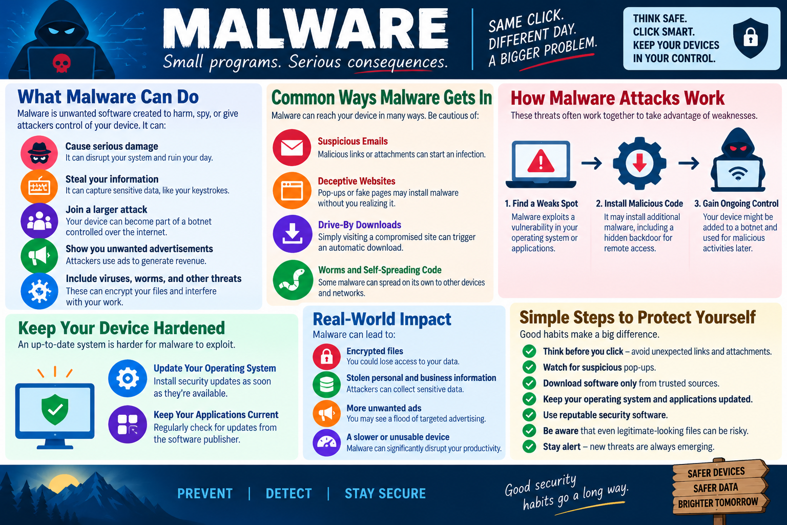 Malware infographic explaining what malware can do, common infection paths, attack flow, real-world impact, device hardening, and simple protection habits.