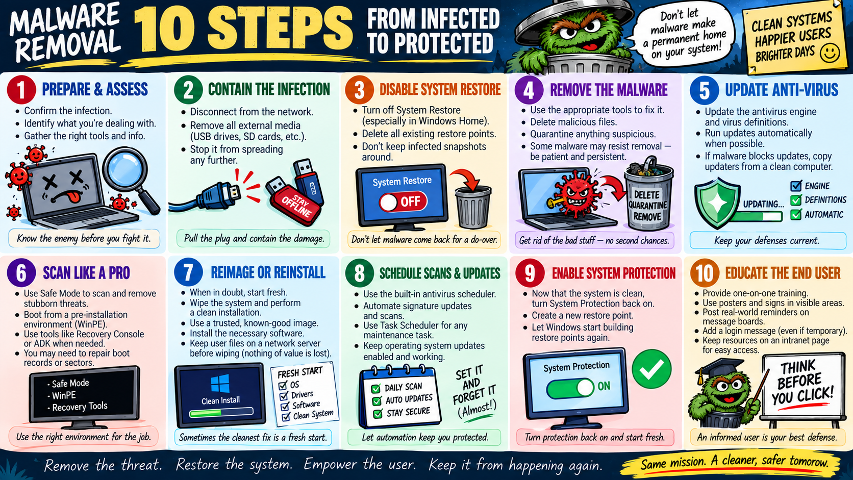 Malware removal 10 steps infographic summarizing the path from infected to protected, including assessment, containment, disabling System Restore, malware removal, antivirus updates, smart scanning, reinstalling, scheduled scans, System Protection, and user education.