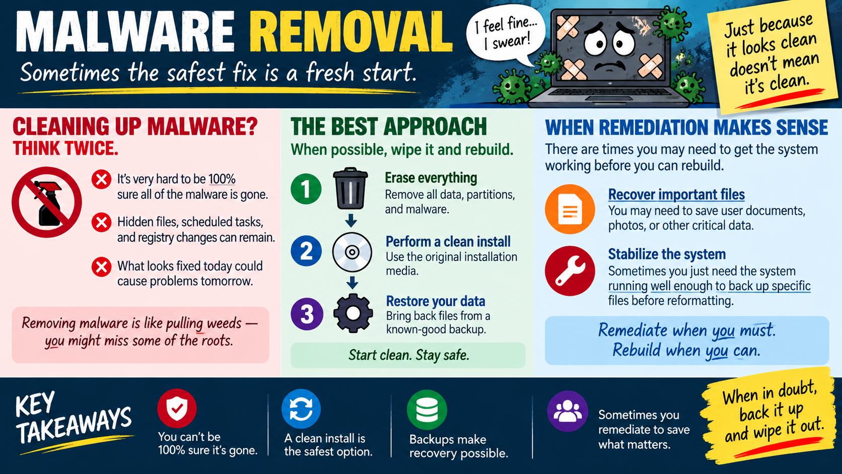 Malware removal infographic explaining why cleanup can be uncertain, why wiping and rebuilding is often safest, when remediation makes sense, and why backups make recovery possible.