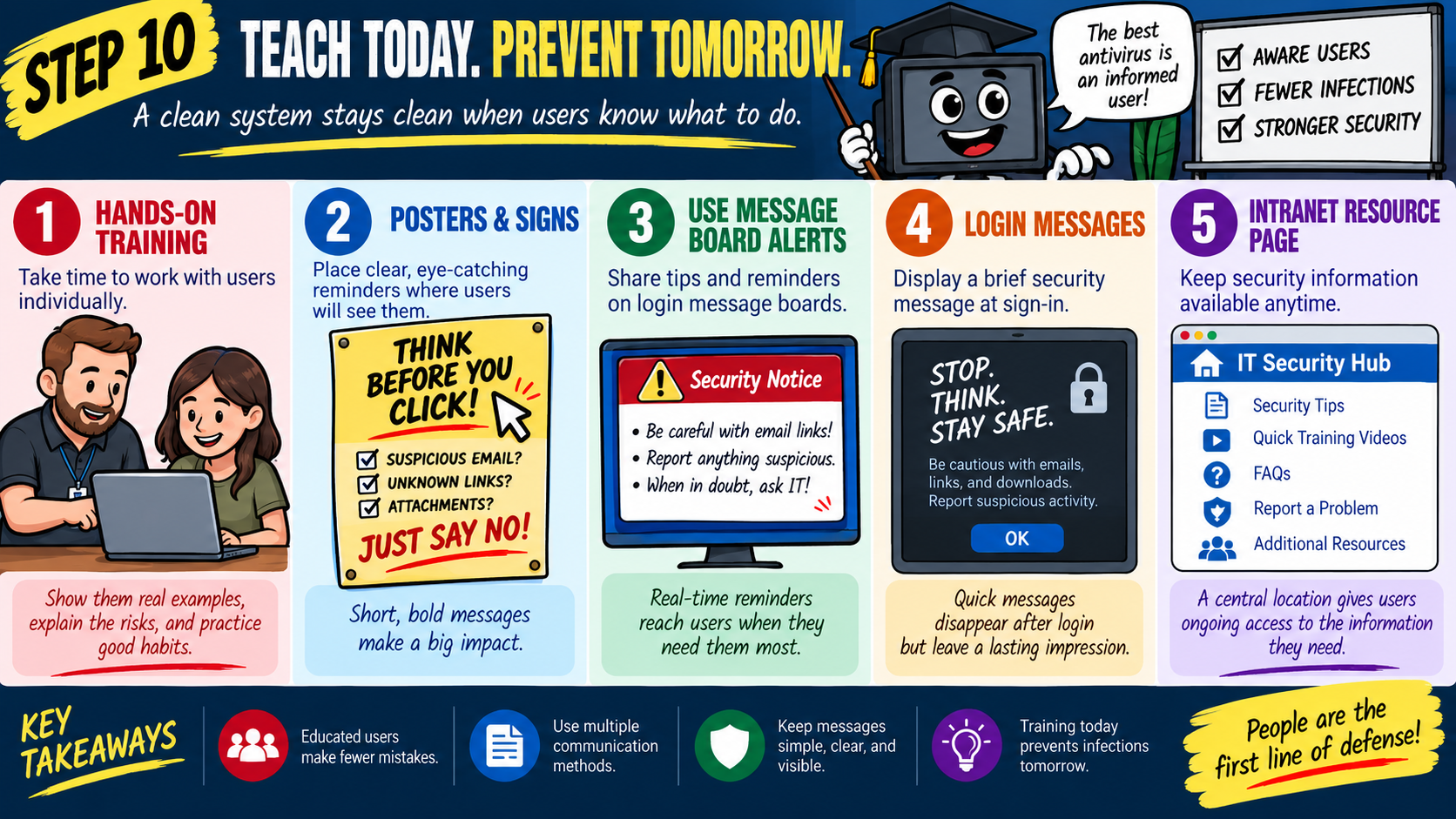 Step 10 malware removal infographic explaining how user education helps prevent future infections through hands-on training, posters and signs, message board alerts, login messages, and an intranet resource page.