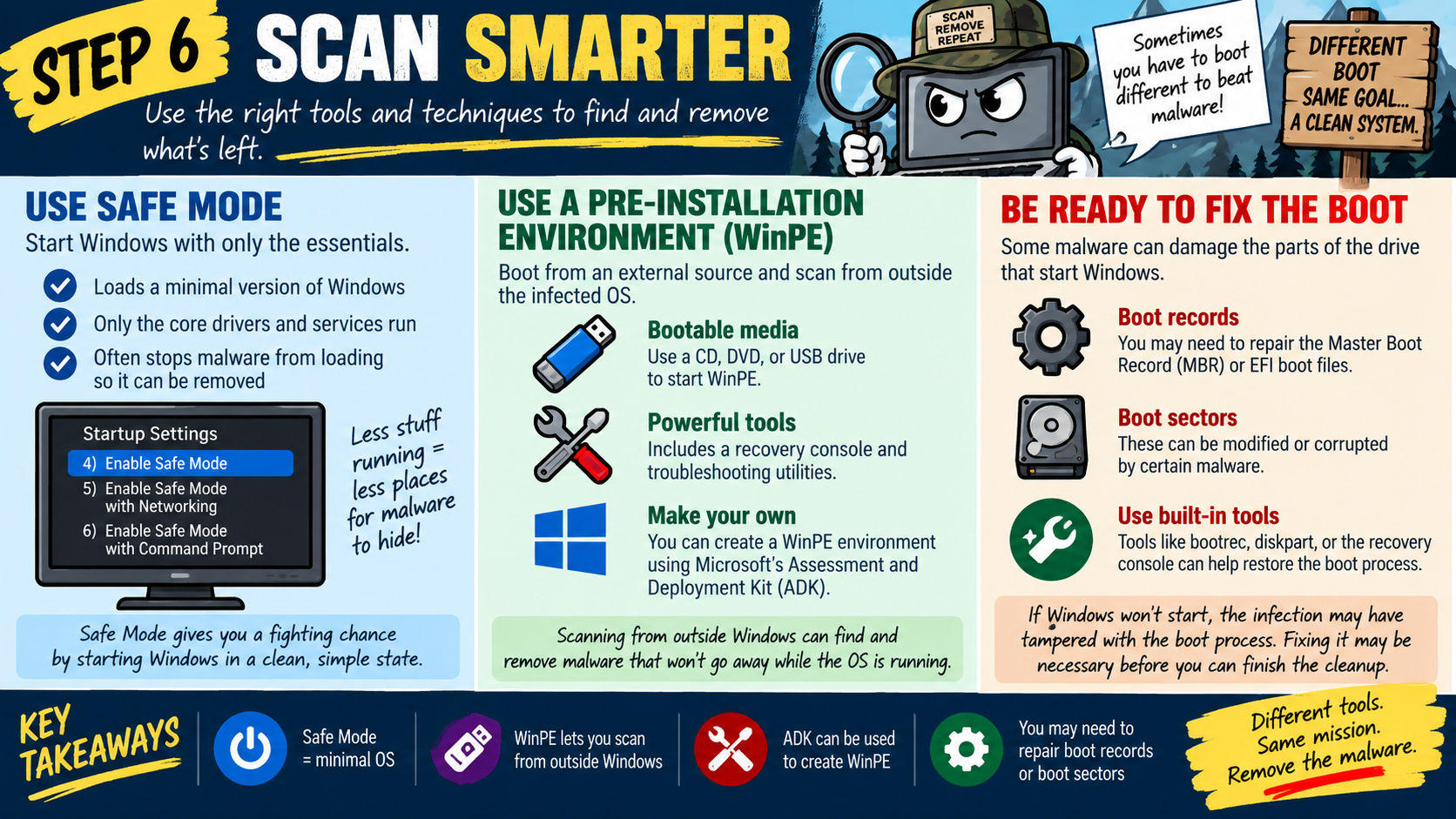 Step 6 malware removal infographic explaining how to scan smarter using Safe Mode, Windows Preinstallation Environment, bootable media, recovery tools, ADK-created WinPE media, and boot repair tools for MBR, EFI, or boot sector damage.