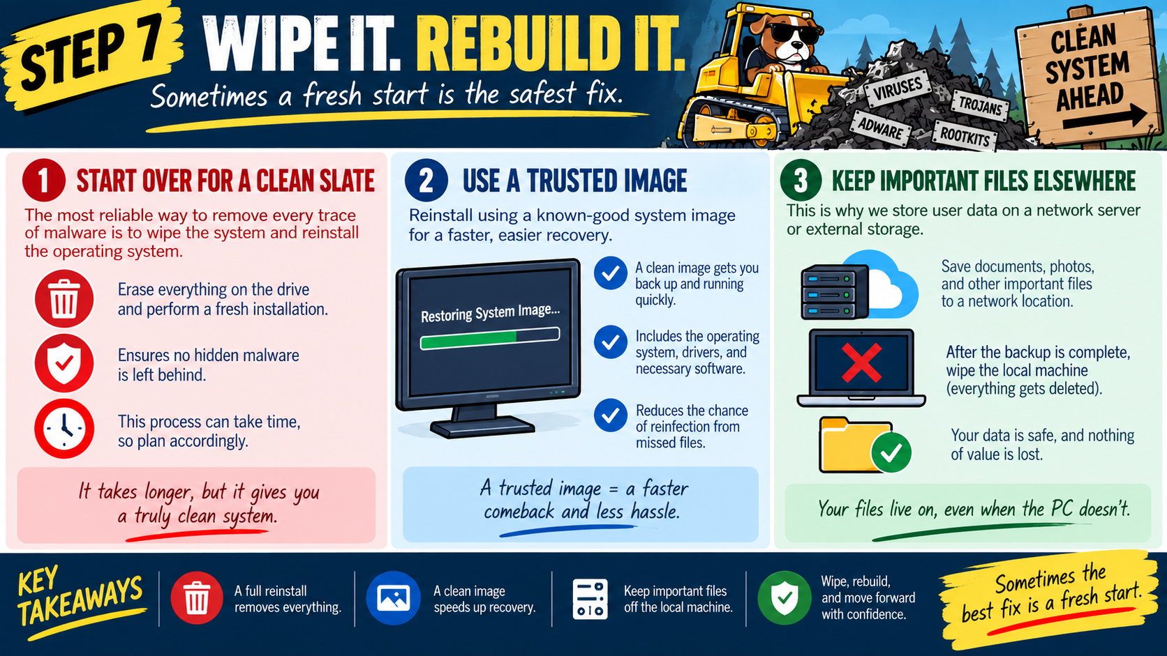 Step 7 malware removal infographic explaining when to wipe and rebuild a system, use a trusted image, and keep important files stored away from the local infected machine.