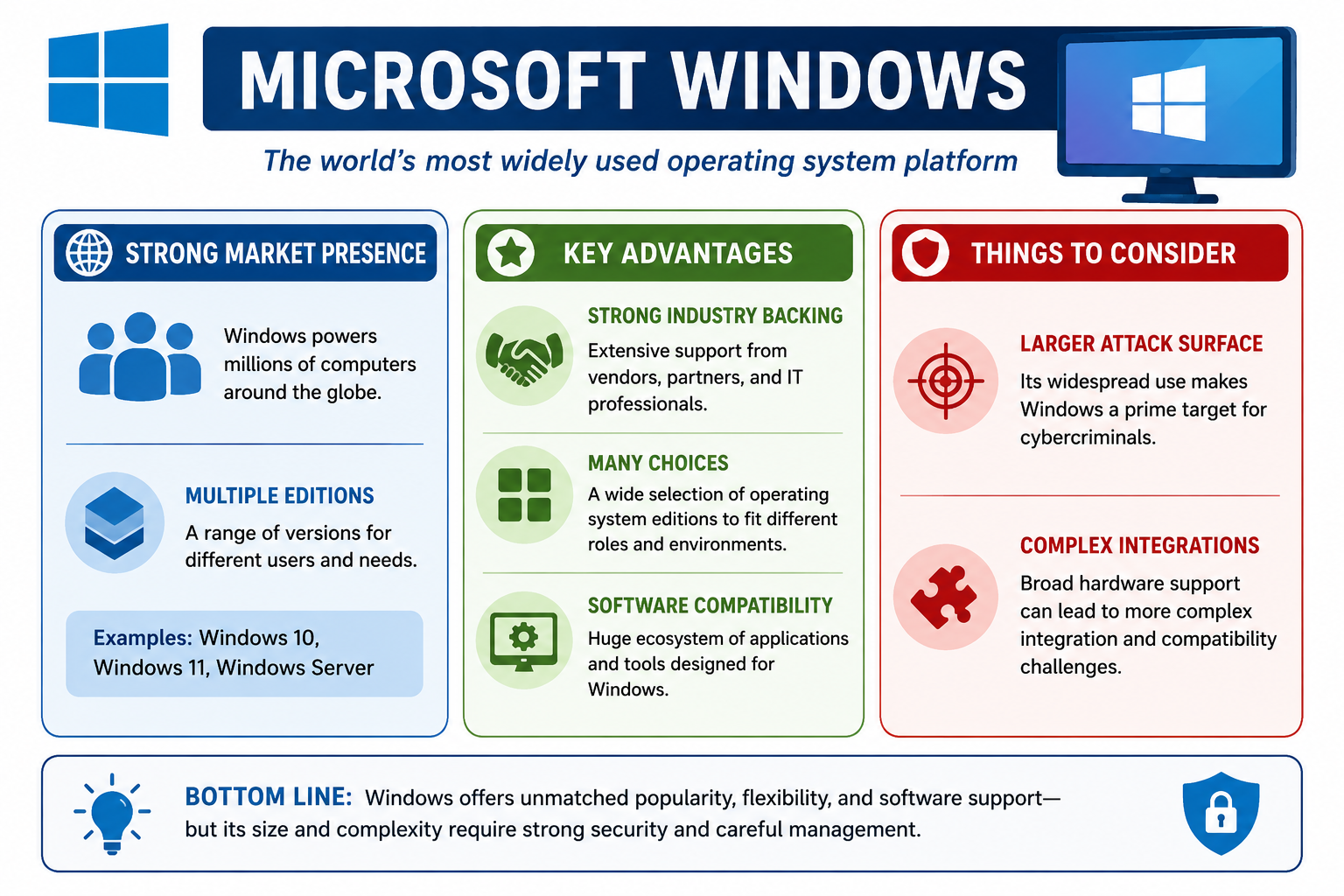 Infographic describing Microsoft Windows as a widely used operating system platform with strong market presence, multiple editions, vendor support, software compatibility, a larger attack surface, and complex integrations.